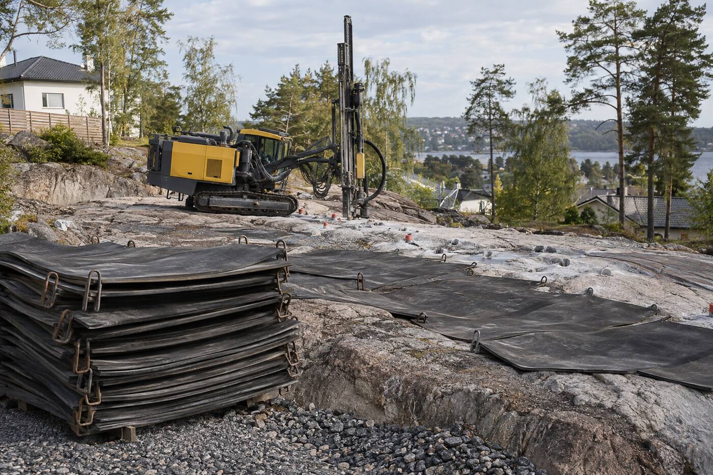 Borrigg som borrar i berghäll på en villatomt med staplade sprängmattor i förgrunden