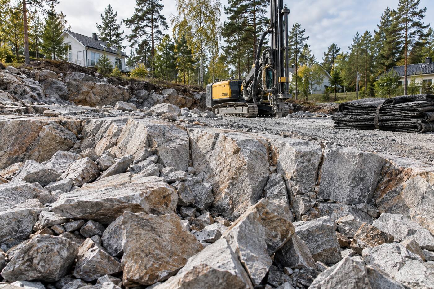Sprängt berg i grova block framför en borrigg på en villatomt