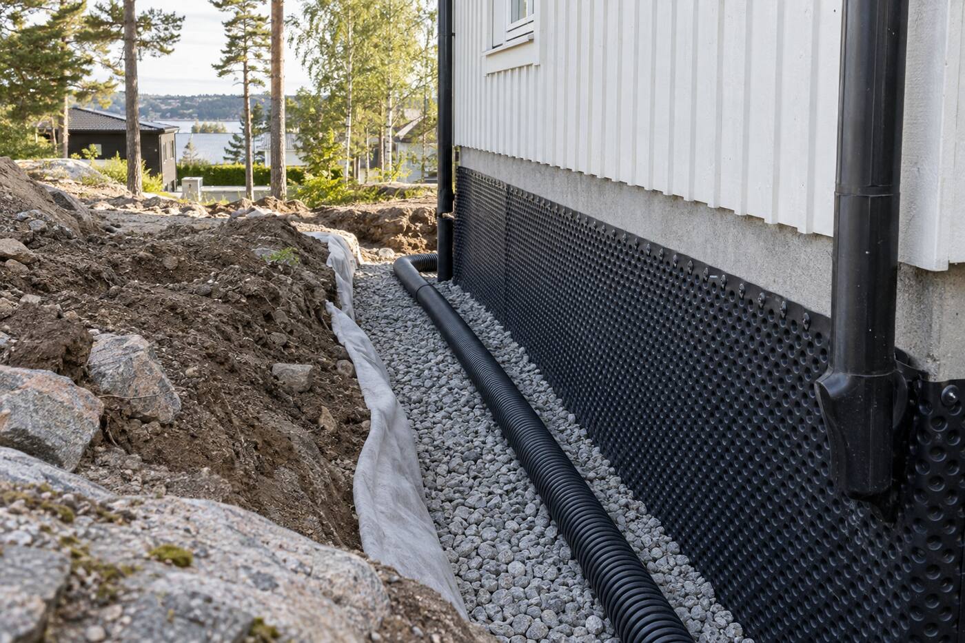 Dräneringsledning i makadam längs en grundmur med noppmatta och geotextil