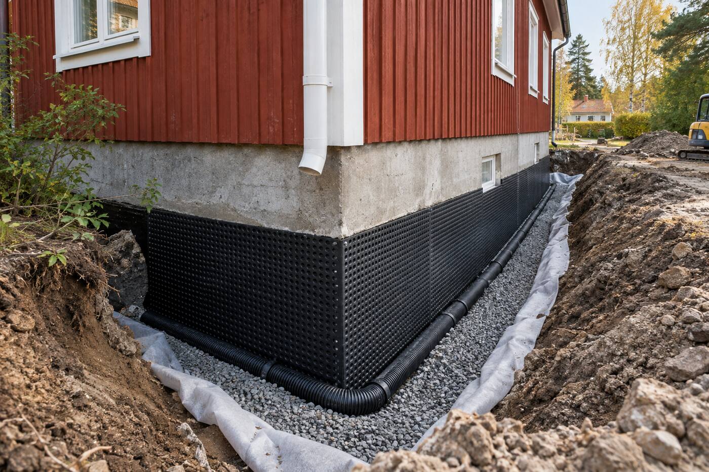 Noppmatta och dränerande lager längs grundmuren på ett rött trähus