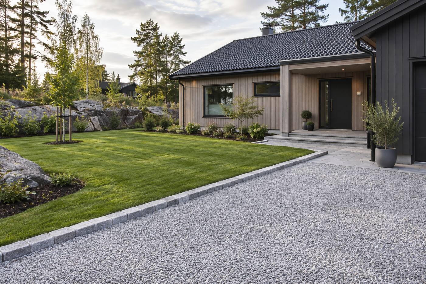 Färdigställd grusad infart med kantsten och nyanlagd gräsmatta vid en villa