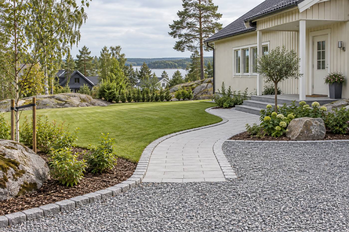 Plattgång med kantsten mellan grusyta och gräsmatta vid en villa