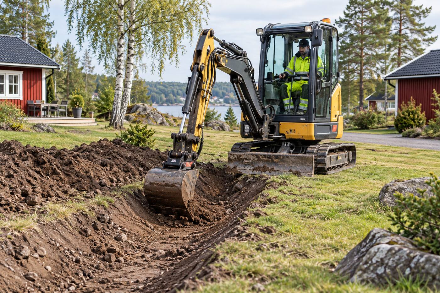 Grävmaskin med förare som gräver ett schakt i en villaträdgård