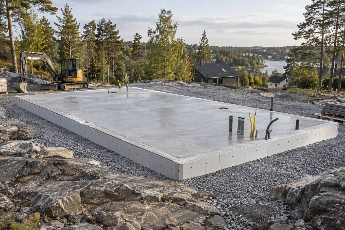 Färdig betongplatta på mark med rörgenomföringar på en grusad bädd