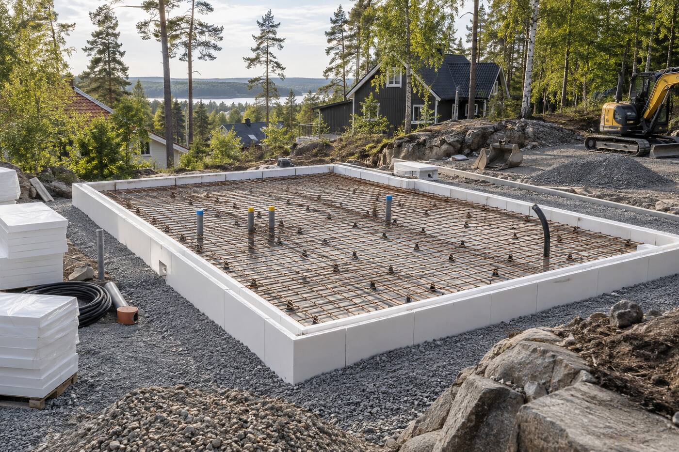 Armerad grundform med kantelement av cellplast och rörgenomföringar inför gjutning
