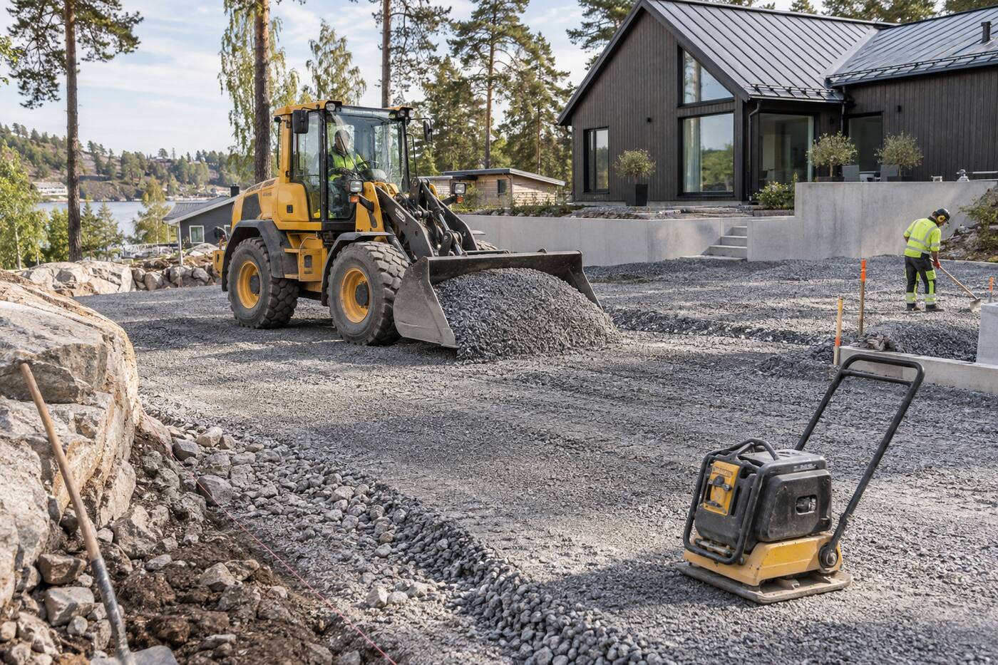 Hjullastare som lägger ut makadam framför en nybyggd villa