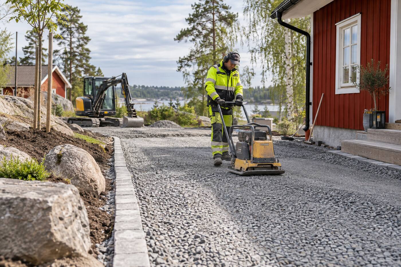 Markarbetare som packar grus med vibroplatta på en infart vid ett rött hus
