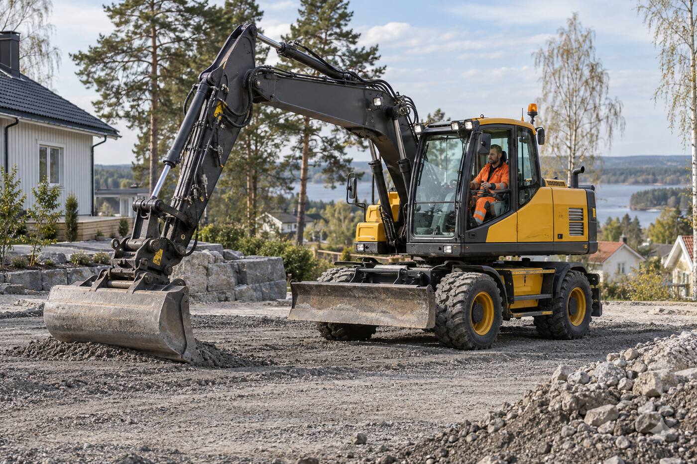 Hjulburen grävmaskin som planerar en grusyta i ett villaområde