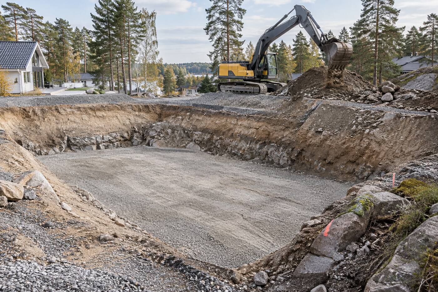 Öppen grundschakt med grusad botten och grävmaskin på schaktkanten