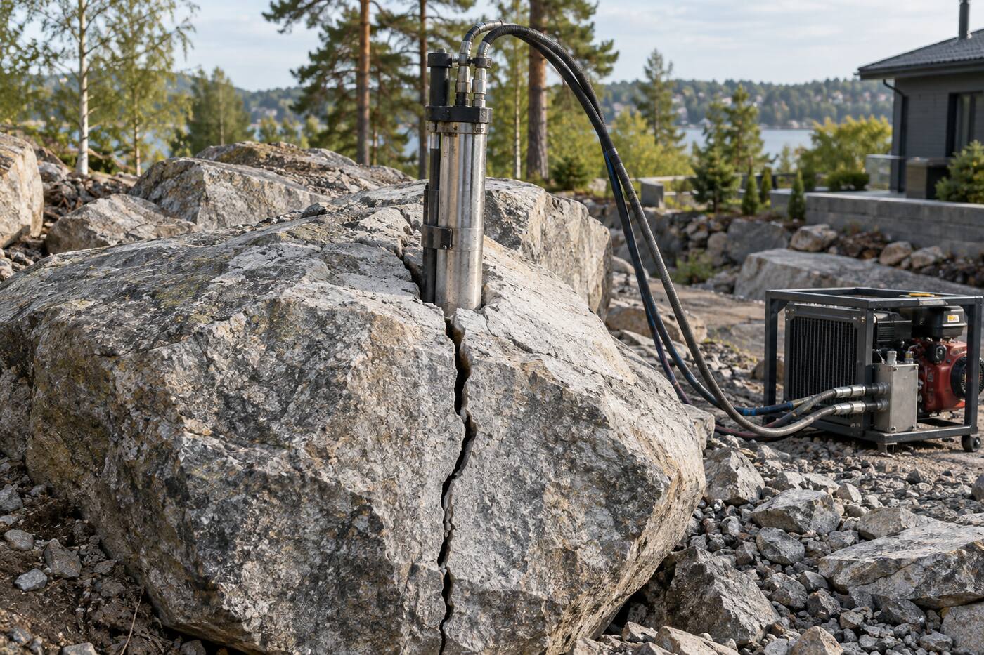 Hydraulisk spräckcylinder i ett borrhål som delar ett stort stenblock