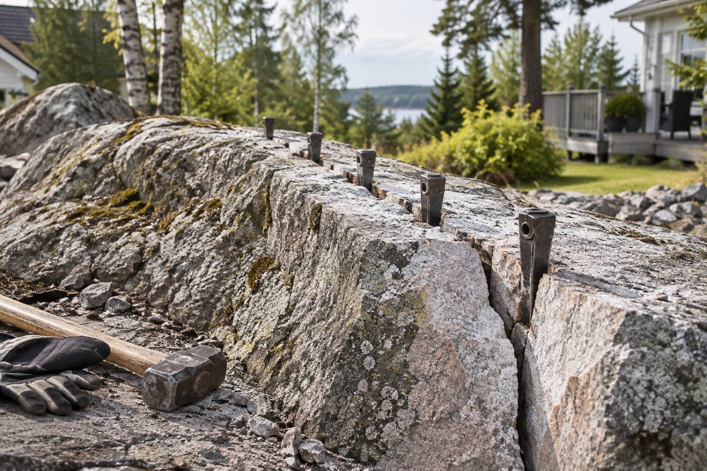 Rad av spräckkilar i ett borrhålsmönster längs en bergrygg intill en villa